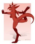  anthro anus blush breasts dragon female genitals hi_res horn long_ears looking_at_viewer nude purple_eyes pussy red_body scalie signature smile solo stretching w4g4 