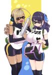  2girls :d bangs bike_shorts black_thighhighs blush breasts bucket cosplay domino_mask hanauna hero-chan_(hanauna) holding holding_bucket huge_breasts ink_tank_(splatoon) inkling inkling_(cosplay) long_hair mask multiple_girls okishima_erika_(hanauna) original purple_eyes skin_tight slosher_(splatoon) smile splatoon_(series) thighhighs 