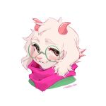  2_horns anthro blush bovid caprine clothed clothing deltarune eyewear floppy_ears fur glasses goat green_eyewear green_glasses horn male mammal mothy_969 pink_eyes pink_horn pink_scarf ralsei scarf signature simple_background solo undertale_(series) video_games white_body white_fur 