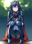  1girl ameno_(a_meno0) ass bangs blue_eyes blurry blurry_background cape facing_viewer fire_emblem fire_emblem_awakening long_hair looking_at_viewer lucina_(fire_emblem) red_cape smile solo squatting teeth tiara 