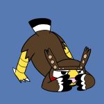  1:1 animal_crossing anthro ass_up avian bird blathers_(animal_crossing) blue_background brown_body jack-o&#039;_pose male nintendo open_mouth owl pose randomacman simple_background solo video_games 