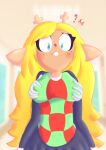  absurd_res anthro bingbingo_(artist) blonde_hair blue_eyes blush bottomwear breast_expansion breast_grab breasts buckteeth cervid checkered_clothing clothed clothing confusion deltarune disembodied_hand doe_with_antlers expansion female freckles fungus grope hair hand_on_breast hi_res long_hair mammal mario_bros mushroom nintendo noelle_holiday pattern_clothing question_mark red_nose signature skirt solo super_mushroom teeth undertale_(series) video_games 