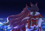  2girls arm_garter blurry blurry_background bow brown_hair daiwa_scarlet_(scarlet_nuit_etoile)_(umamusume) daiwa_scarlet_(umamusume) dress ear_covers from_behind fur-trimmed_jacket fur_trim hair_bow head_on_another&#039;s_shoulder highres horse_girl hoyon jacket knee_up leaning_on_person long_hair long_sleeves multiple_girls night outdoors pants red_dress red_jacket sitting umamusume vodka_(nonfreezing_aqua_vitae)_(umamusume) vodka_(umamusume) 