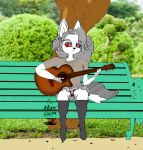  anthro bottomwear canid canid_demon canine canis clothing demon demon_humanoid detailed_background female guitar hellhound helluva_boss hi_res humanoid loona_(helluva_boss) mammal musical_instrument plucked_string_instrument skirt solo string_instrument sweater themorecoffee topwear 