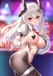  1girl arknights ascot black_pantyhose blurry blurry_background blush breasts cowboy_shot demon_girl demon_horns ear_piercing ehart grey_hair hair_ornament holding holding_tray horns large_breasts long_hair meme_attire mudrock_(arknights) oripathy_lesion_(arknights) pantyhose pasties piercing pointy_ears puffy_short_sleeves puffy_sleeves red_ascot red_eyes reverse_bunnysuit reverse_outfit short_sleeves solo tray white_wrist_cuffs 
