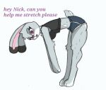  anthro big_breasts blush breasts clothing disney dolphin_shorts english_text female hi_res judy_hopps pace-maker shirt small_waist solo stretching tank_top text thick_thighs topwear wide_hips zootopia 