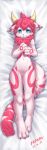  2022 absurd_res anthro bedding bedding_background blep blue_eyes blue_inner_ear blue_pawpads blue_tongue blush claws dated featureless_crotch full-length_portrait fur hair hi_res horn inner_ear_fluff lying male markings navel nude on_back papayafurry pawpads pink_body pink_claws pink_fur pink_hair pink_inner_ear_fluff pink_markings pink_pupils portrait pupils signature solo species_request striped_markings striped_tail stripes tail_markings toe_claws tongue tongue_out tuft yellow_horn 
