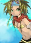  1girl bikini blonde_hair blue_headband braid breasts cleavage final_fantasy final_fantasy_x final_fantasy_x-2 green_eyes hair_ornament headband long_hair looking_at_viewer navel rikku_(ff10) ruu_bot scarf simple_background smile solo swimsuit 