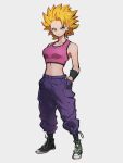  1girl bare_shoulders blonde_hair breasts caulifla dragon_ball dragon_ball_super full_body grey_background hand_in_pocket kemachiku looking_at_viewer midriff navel pants pink_tank_top purple_pants shoes simple_background solo spiked_hair standing super_saiyan super_saiyan_2 tank_top 
