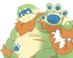  2022 4_fingers 5:4 anthro belly big_belly brown_body canid canine eyes_closed fingers green_body hi_res humanoid_hands inunoshippo kemono mammal overweight pento_(kamiyu) simple_background solo 