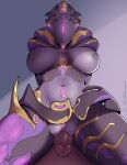  1boy 1girl arcafterdark artist_name breasts clitoral_hood colored_skin commission facing_viewer from_below grey_skin grinding large_breasts nipples penis pussy saryn_(warframe) saryn_prime_(warframe) simple_background solo_focus straddling thighs twitter_username warframe 
