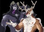  amon-sydonai anthro antlers beard black_background black_body black_fur body_hair bovid brown_body brown_fur caprine caprine_demon chest_hair christmas demon duo ear_piercing ear_ring facial_hair fangs fur goat goat_demon hair hi_res holidays horn krampus long_tongue looking_at_viewer male mammal mature_male muscular muscular_anthro muscular_male nipple_piercing nipples piercing red_nose ring_piercing rudolph_the_red-nosed_reindeer shirtless simple_background smile tongue tongue_out white_hair yellow_eyes 