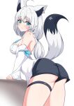  1girl absurdres ahoge animal_ears ass blush breasts detached_sleeves earrings fox_ears fox_girl fox_tail hashira_14 highres hololive jewelry looking_back medium_breasts shirakami_fubuki shorts simple_background solo tail thigh_strap virtual_youtuber white_hair 