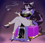  anthro breasts cleavage clothed clothing crossed_legs crovirus domestic_cat felid feline felis female footwear hair hi_res high_heels long_hair mammal pipe sitting smoke solo 