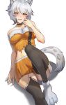  1girl ajidot alternate_costume animal_ear_fluff animal_ears animal_feet arknights bangs bare_shoulders black_choker black_thighhighs blush breasts choker cleavage cliffheart_(arknights) commentary_request fang garter_straps grey_eyes grey_hair hair_between_eyes hand_up highres large_breasts leopard_ears leopard_girl leopard_tail looking_at_viewer midriff navel open_mouth shadow shirt short_hair sidelocks simple_background sitting skin_fang skindentation skirt smile solo strapless strapless_shirt tail thighhighs white_background yellow_shirt yellow_skirt 