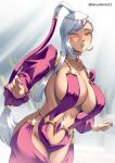  artist_name bangs belly_dancing blurry blurry_background breasts circlet cleavage code_geass commentary covered_navel covered_nipples cowboy_shot curled_fingers dancer dark-skinned_female dark_skin earrings forehead gold_trim grey_hair grin hair_ornament haryudanto highres huge_breasts jewelry long_hair long_sleeves looking_at_viewer nail_polish necklace parted_bangs pink_nails pink_sleeves ponytail revealing_clothes shadow smile solo sparkle tan teeth veil villetta_nu yellow_eyes 