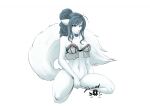  anthro arctic_ikume blue_hair bottomless breasts canid clothed clothing dossun female fur hair mammal nipples pink_nose simple_background solo translucent translucent_clothing white_background white_body white_fur 