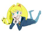  1girl big_hair blonde_hair blue_pantyhose drill_hair full_body green_eyes highres long_hair looking_at_viewer luna_platz_(mega_man) mega_man_(series) mega_man_star_force open_mouth pantyhose simple_background solo twin_drills twintails white_background zubuzubu_(gogo_zubu) 