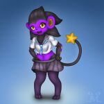  1:1 anthro black_body black_bottomwear black_clothing black_fur black_hair black_skirt blue_necktie bottomwear clothing female fur generation_4_pokemon hair hi_res jonatanm legwear luxray mammal multicolored_body multicolored_fur necktie nintendo pokemon pokemon_(species) purple_body purple_fur school_uniform shirt skirt star_the_luxray stockings topwear uniform video_games white_clothing white_shirt white_topwear yellow_eyes 