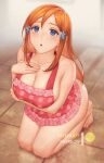  1girl bangs bare_shoulders barefoot bleach breasts cleavage from_above grey_eyes hair_ornament hairpin hand_on_own_chest inoue_orihime kneeling large_breasts long_hair looking_up mystra77 open_mouth orange_hair sidelocks tile_floor tiles 