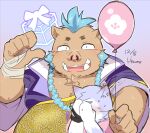  anthro balloon blue_hair blush brown_body brown_fur canid canine covering covering_face duo embarrassed fur gouryou hair hiraume42 inflatable lifewonders male male/male mammal overweight suid suina sus_(pig) tokyo_afterschool_summoners tusks video_games wild_boar 
