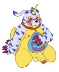  animal_skin anthro balls bandai_namco belly belly_markings blush collar digimon digimon_(species) erection foreskin fur gabumon genitals hi_res male markings moobs nipples overweight penis petplay reddo12340 roleplay solo striped_body striped_fur stripes yellow_body 