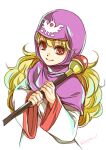  1girl blonde_hair closed_mouth curly_hair dragon_quest dragon_quest_ii dress hood long_hair looking_at_viewer princess princess_of_moonbrook red_eyes robe sakiya_(bas-web) simple_background smile solo staff white_background 
