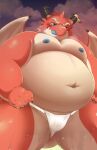  animal_genitalia anthro asian_clothing bake_gosut blush cloaca clothing dragon east_asian_clothing fundoshi genitals hi_res horn japanese_clothing licking licking_lips male moobs navel nipples one_eye_closed oumi_(tamacolle) overweight red_body scar solo tamacolle thick_thighs tongue tongue_out underwear wet wings wink 