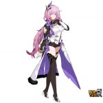  1girl artist_request black_gloves black_shorts blue_eyes boots breasts cleavage elf elysia_(honkai_impact) elysia_(miss_pink_elf)_(honkai_impact) gloves hair_ornament honkai_(series) honkai_impact_3rd large_breasts long_hair long_sleeves looking_at_viewer official_art pink_hair pointy_ears shorts single_glove smile standing thigh_boots thighhighs transparent_background 