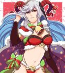  1girl alternate_costume arm_up armor bangs bell bikini bikini_armor blue_hair breasts cape christmas_ornaments cleavage commission cosplay cowboy_shot curled_horns fire_emblem fire_emblem_heroes flower freyja_(fire_emblem) fur_trim goat_horns green_ribbon grey_hair hair_ornament hand_in_own_hair highres horns large_breasts long_hair looking_at_viewer mature_female midriff multicolored_hair navel neck_bell open_mouth panty_straps red_cape red_eyes red_horns ribbon sierra117renner simple_background smug snowflake_background solo star_(symbol) star_print swimsuit tharja_(fire_emblem) tharja_(fire_emblem)_(cosplay) thighs 