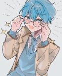  1boy adjusting_eyewear bangs bespectacled blazer blue_cardigan blue_eyes blue_hair blue_necktie blush brown_jacket cardigan collared_shirt colon_(stpri) commentary dotted_line emphasis_lines glasses grey-framed_eyewear hair_between_eyes hand_on_eyewear highres jacket light_blue_hair long_sleeves looking_away necktie open_mouth round_eyewear shirt short_hair simple_background solo star_(symbol) strawberry_prince toireno unkempt upper_body white_shirt 