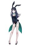  1girl absurdres animal_ears black_hair blue_eyes blush breasts closed_mouth detached_collar dress fake_animal_ears fake_tail fishnet_pantyhose fishnets full_body hair_ornament hairclip high_heels highres hime_cut long_hair long_sleeves looking_at_viewer mahouka_koukou_no_rettousei pantyhose playboy_bunny rabbit_ears rabbit_tail ribbon shiba_miyuki skirt solo standing tail thighhighs white_background wrist_cuffs 