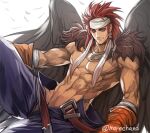  1boy abs belt brown_gloves canopus_wolph closed_mouth feathered_wings gloves headband jewelry long_hair looking_at_viewer male_focus moreshan red_hair simple_background smile solo tactics_ogre topless_male white_background wings 