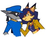  2022 anthro biped black_nose blue_hair canid canine carmelita_fox clothed clothing duo ear_piercing eye_contact female fox fur grey_body grey_fur hair jacket looking_at_another looking_at_viewer male male/female mammal orange_body orange_fur piercing procyonid raccoon simple_background sly_cooper sly_cooper_(series) sony_corporation sony_interactive_entertainment sucker_punch_productions topwear tpasterelix video_games 