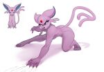  action_pose anthro askart breasts butt claw_marks claws eeveelution espeon eyelashes female feral forehead_gem forked_tail fur generation_2_pokemon hi_res looking_at_viewer nintendo nude pink_body pink_fur pokemon pokemon_(species) pose simple_background solo unusual_anatomy unusual_tail video_games white_background white_eyes 