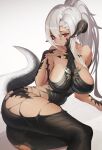  1girl absurdres arm_support au_ra avatar_(ff14) bangs braid breasts cyobiro dragon_horns dragon_tail feet_out_of_frame final_fantasy final_fantasy_xiv highres horns large_breasts long_hair looking_at_viewer lying omega-f on_side reclining red_eyes side_braid sidelocks skindentation slit_pupils solo tail thighs very_long_hair white_background white_hair 