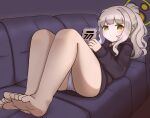  1girl :/ ass bangs bare_legs barefoot black_hoodie blue_archive closed_mouth commentary couch feet green_eyes grey_hair halo hare_(blue_archive) hidemushi high_ponytail highres holding holding_tablet_pc hood hoodie legs looking_at_viewer lying medium_hair on_back on_couch panties sidelocks soles solo tablet_pc thighs toes underwear white_panties 