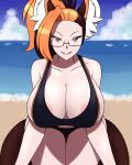  4:5 animal_humanoid areola areola_slip beach big_breasts bikini breasts canid canid_humanoid canine canine_humanoid cleavage clothed clothing eyewear female fox_humanoid furball_(artist) glasses hi_res huge_breasts humanoid mammal mammal_humanoid seaside solo swimwear 