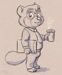  anthro barefoot bottomwear brown_eyes canid canine claws clothing coffee_cup container corgi_(artist) cup eyewear feet fluffy fluffy_tail folder glasses male mammal necktie pants raccoon_dog shirt solo tanuki topwear 