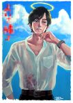  1boy belt black_hair blood blood_on_clothes brown_eyes censored_text cigarette cloud collarbone collared_shirt dress_shirt facial_hair half-closed_eyes halo hand_up holding holding_cigarette kaneoya_sachiko looking_down male_focus original outdoors see-through see-through_shirt shirt short_hair smoking solo stubble upper_body watch wristwatch 
