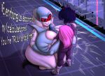  absurd_res big_breasts blue_body breast_play breasts darkynsfw dialogue female frisk_(undertale) genitals hi_res huge_breasts humanoid kneeling male male/female mature_female nipple_outline penis sex titfuck undertale undertale_(series) video_games 