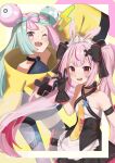  2girls absurdres animal_ears bow-shaped_hair camisole character_hair_ornament crossover hair_ornament highres indie_virtual_youtuber iono_(pokemon) kirima_(zs_at_) long_hair low-tied_long_hair low_twintails multicolored_hair multiple_girls oversized_clothes pink_eyes pink_hair pokemon pokemon_(game) pokemon_sv rabbit_ears red_camisole sharp_teeth teeth tomari_mari twintails two-tone_hair very_long_hair virtual_youtuber 