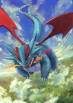  absurdres black_eyes claws commentary_request day fangs fire flying highres no_humans open_mouth outdoors pokemon pokemon_(creature) sabamisob salamence solo 