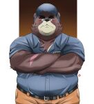  2022 anthro boss_(kamui_shirow) bottomwear clothing cute_fangs delivery_bear_service hat headgear headwear hi_res kamui_shirow kemono male mammal mature_male overweight overweight_male pants scar shirt solo topwear ursid 