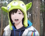  1girl absurdres alien black_hair blue_hood chainsaw_man coat extra_eyes forest fur-trimmed_coat fur_trim hair_ornament hairclip hat higashiyama_kobeni highres hood hoodie logan_paul logan_paul&#039;s_suicide_forest_video_(meme) looking_at_viewer meme nature open_mouth rainbow short_hair single_sidelock solo ufo winter_clothes winter_hat xyanaid 