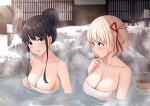  2girls bangs black_hair blonde_hair breasts bucket closed_mouth collarbone commentary hair_ribbon highres inoue_takina kannko_bokujou large_breasts looking_at_another lycoris_recoil multiple_girls naked_towel nishikigi_chisato onsen parted_lips partially_submerged purple_eyes red_ribbon ribbon shiny shiny_hair short_hair snow steam symbol-only_commentary towel upper_body water wet wooden_bucket 