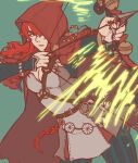  1girl absurdres anna_(fire_emblem) belt belt_buckle bow_(weapon) breasts brown_belt brown_cape buckle cape cleavage closed_mouth commentary commission dress english_commentary fire_emblem fire_emblem_fates green_background grey_dress highres holding holding_bow_(weapon) holding_weapon hood hood_up hooded_cape long_hair long_sleeves looking_away medium_breasts one_eye_covered pantyhose ponytail red_eyes red_hair simple_background solo striped striped_pantyhose torn_cape torn_clothes vertical_stripes weapon weeabro_art 