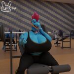  2022 3d_(artwork) abs anthro barbell big_breasts blue_body bottomwear breasts cleavage clothed clothing detailed_background digital_media_(artwork) exercise female feraligatr generation_2_pokemon gesture gym gym_bottomwear gym_clothing hi_res huge_breasts inviting looking_at_viewer muscular muscular_anthro muscular_female nintendo nipple_outline nipples open_mouth pointing pointing_at_viewer pokemon pokemon_(species) scalie seductive shirt smile solo sticki_bun thick_thighs tight_clothing topwear treadmill video_games weight_bench weights workout workout_equipment yuki_(evov1) yukigatr_(evov1) 