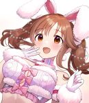  1girl animal_ears bangs breasts brown_eyes brown_hair frills gloves highres idolmaster idolmaster_cinderella_girls idolmaster_cinderella_girls_starlight_stage large_breasts long_hair looking_at_viewer open_mouth rabbit_ears sakura_ran simple_background single_bare_shoulder smile totoki_airi white_background white_gloves 