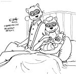  2022 anthro baby bed clothed clothing facial_markings father female furniture group head_markings hi_res husband_and_wife male mammal markings married_couple mask_(marking) mother parent pillow procyonid raccoon tegerio trio young 